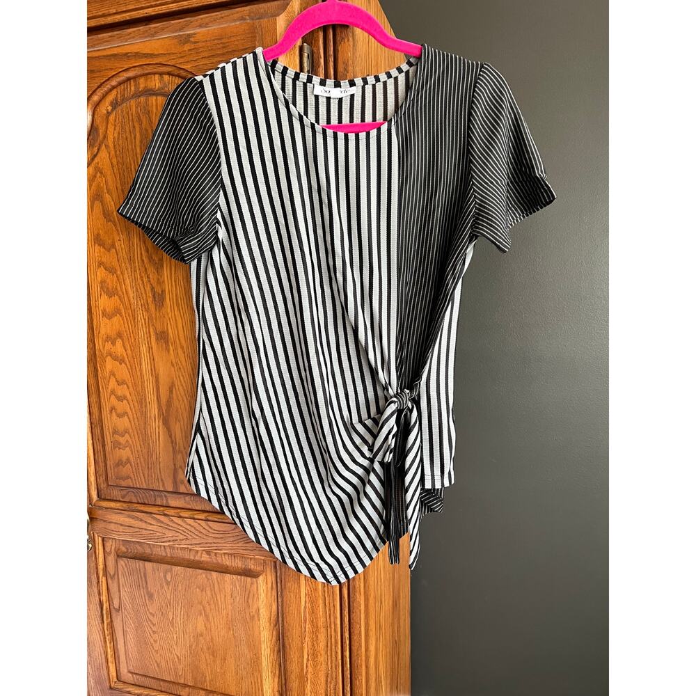 Serengeti Striped Side Tie Top S Black Silver Grey Mixed Stripe Crew Neck